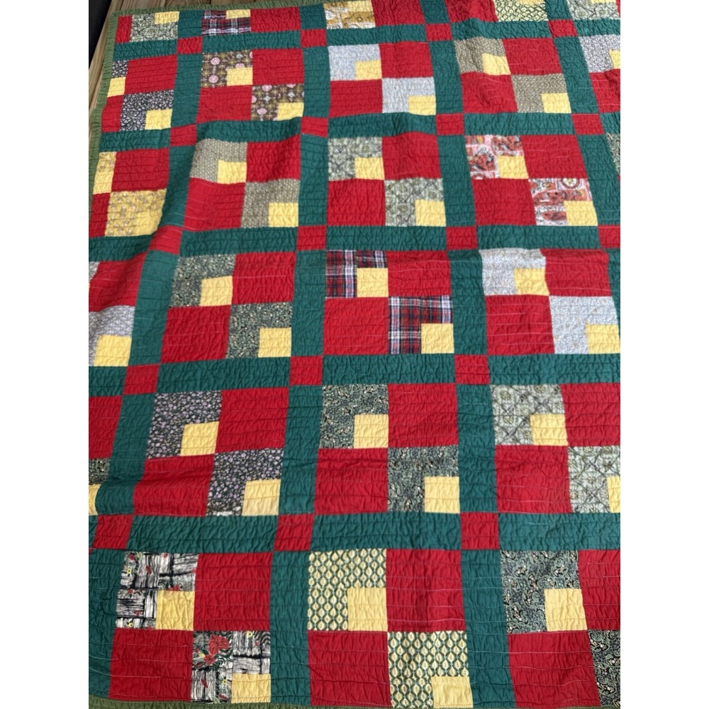Vintage Handmade Patchwork Yellow Brick Road Pattern Quilt 77x68 Red Green